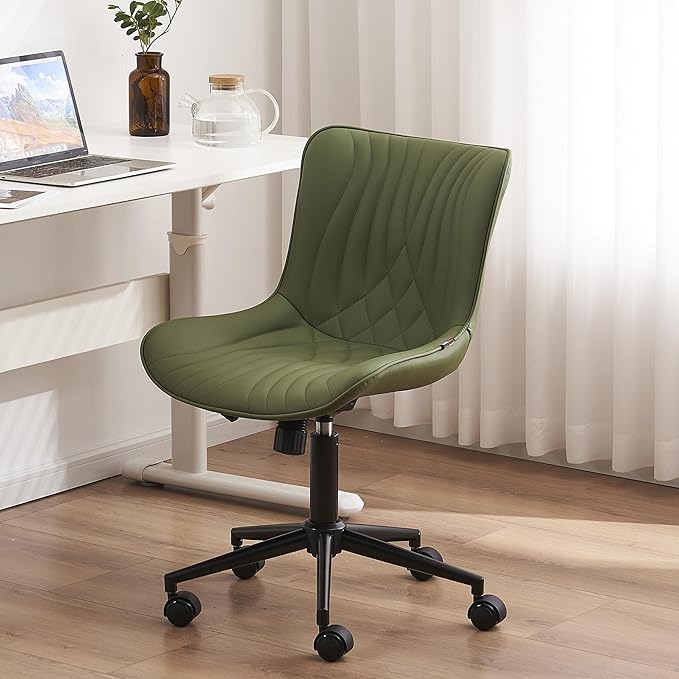 YOUTASTE Office Chair Armless Desk Chair Small Computer Swivel Rolling Chair with Wheels, Modern Upholstered PU Leather Computer Task Chair, Adjustable Home Office Desk Chairs, Olive Green - LeafyLoom