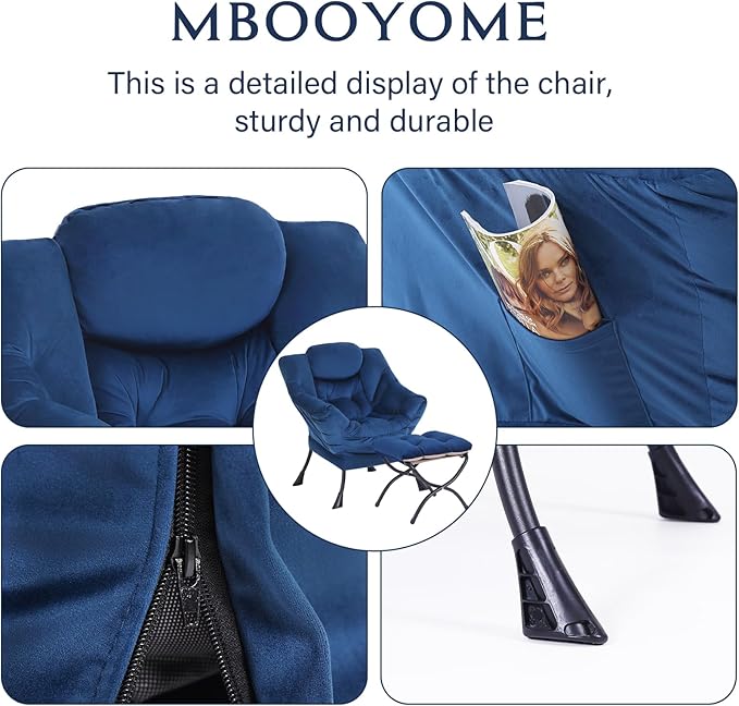 Lazy Chair with Ottoman, Modern Accent Chair Contemporary Lounge Leisure Upholstered Sofa Chair Set with Armrests, Reading Chair for Living Room, Bedroom, Office, Royal Blue - LeafyLoom