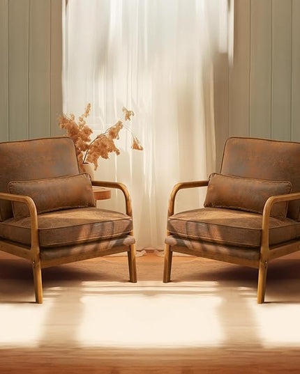 Bonnlo Microfiber Rustic Accent Chairs Set of 2, Upholstered Mid Century Modern Lounge Chairs Reading Chairs Side Sitting Chair Solid Wood Farmhouse Armchairs for Living Room, Bedroom, Guest Room - LeafyLoom