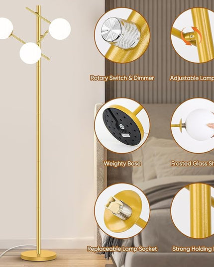 Dimmable Floor Lamp for Living Room, 67” Gold Standing Lamp with 3 Globe Glass Shade, Modern Tall Lamp, Adjustable 3-Light Tree Pole Lamp, Brass Corner Lamp for Bedroom Office Hotel, 3 Bulbs Included - LeafyLoom