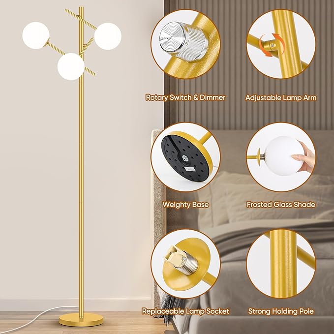 Dimmable Floor Lamp for Living Room, 67” Gold Standing Lamp with 3 Globe Glass Shade, Modern Tall Lamp, Adjustable 3-Light Tree Pole Lamp, Brass Corner Lamp for Bedroom Office Hotel, 3 Bulbs Included - LeafyLoom