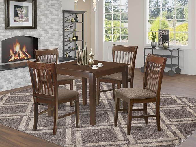 East West Furniture Oxford 5 Piece Dining Set Includes a Square Solid Wood Table and 4 Linen Fabric Kitchen Room Chairs, 36x36 Inch, Mahogany - LeafyLoom