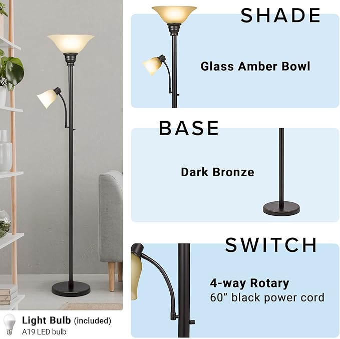 Catalina Lighting 18223-002 Transitional Uplight Floor Lamp with Reading Light, Standing Lamp, Living Room Light, LED Bulb NOT Included,71", Dark Bronze - LeafyLoom