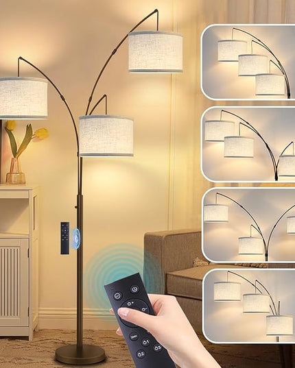 Arc Floor Lamp for Living Room with Remote Control, Dimmable Modern Mid Century 3 Lights Arched Tall Floor Lamp, Adjustable Standing Corner Lamp for Living Room Bedroom Office, Beige Lampshad (Brown) - LeafyLoom