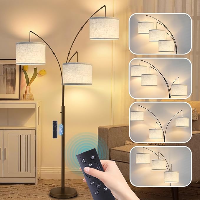 Arc Floor Lamp for Living Room with Remote Control, Dimmable Modern Mid Century 3 Lights Arched Tall Floor Lamp, Adjustable Standing Corner Lamp for Living Room Bedroom Office, Beige Lampshad (Brown) - LeafyLoom