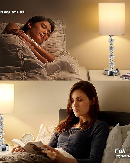 Acaxin Touch Bedside Crystal Lamps for Bedrooms Nightstand with USB C+A Charging Port and AC Outlet White, 3 Way Dimmable Silver Large End Side Table Lamp for Living/Guest/Dinning Room/Kitchen - LeafyLoom