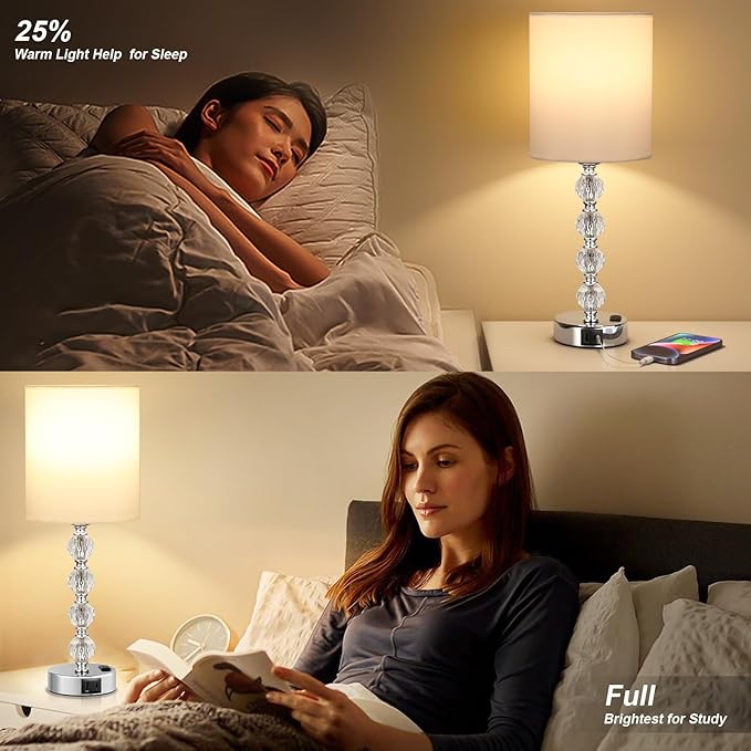 Acaxin Touch Bedside Crystal Lamps for Bedrooms Nightstand with USB C+A Charging Port and AC Outlet White, 3 Way Dimmable Silver Large End Side Table Lamp for Living/Guest/Dinning Room/Kitchen - LeafyLoom