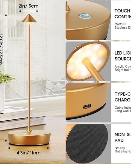 Cordless Table Lamp Rechargeable, LED Portable Outdoor Table Lamp Waterproof 6000mAh Battery Desk Lamp, 3 Color Stepless Dimming Table Light for Restaurant/Bedroom/Bar/Outdoor Party - LeafyLoom