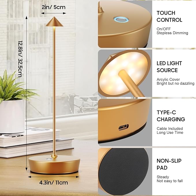 Cordless Table Lamp Rechargeable, LED Portable Outdoor Table Lamp Waterproof 6000mAh Battery Desk Lamp, 3 Color Stepless Dimming Table Light for Restaurant/Bedroom/Bar/Outdoor Party - LeafyLoom