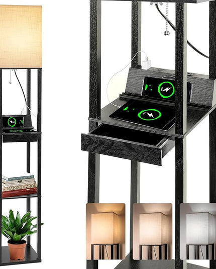 Dott Arts 【Upgraded】 Floor Lamp with Shelves,Shelf Floor Lamps for Living Room with Wireless Charger - LeafyLoom