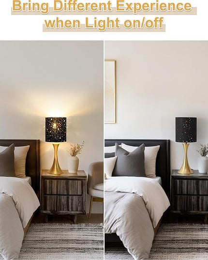 Touch Lamp for Bedroom, 3 Way Dimmable Gold Table Lamp with Black Starry Shade, Decorative Nightstand Lamp Ambient Beside Light for Living Room, Guest Room, Office 3000K LED Bulb Included - LeafyLoom