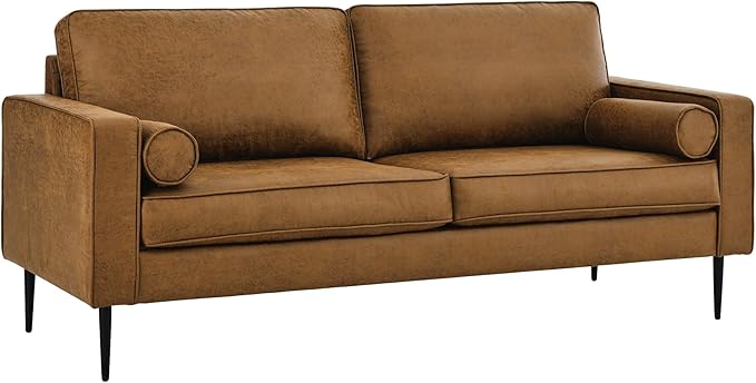 Upholstered 3 Seater Sofa Couch with Metal Legs and Removable Cushions for Livingroom Bedroom, Including 2 Bolster Pillows, Brown, 77" W - LeafyLoom