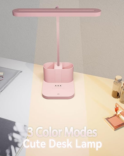 AXX Pink Desk Lamp for Home Office, Cute Desk Lamps for Bedrooms, Kawaii, Dimmable LED, Flexible Gooseneck, Pen Holder, Touch Control, Room College Dorm Essentials for Teen Girls Kids - LeafyLoom
