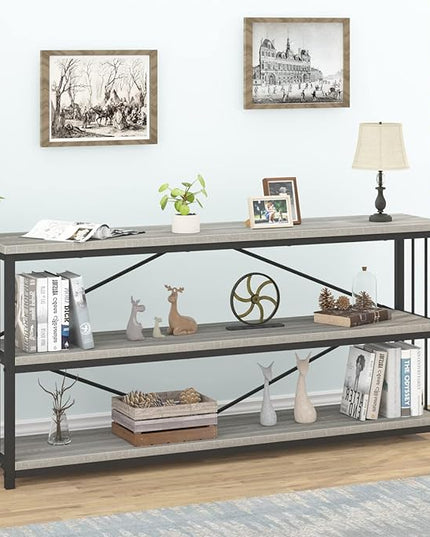 IBF Low Long Horizontal Bookshelf, Industrial Modern 3 Tier Etagere Bookcase, Large Wide Open Rustic Metal and Wood Grey Book Shelf for Bedroom Living Room Home Office Storage, Light Grey Oak, 63 Inch - LeafyLoom