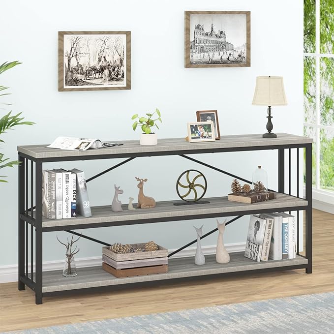 IBF Low Long Horizontal Bookshelf, Industrial Modern 3 Tier Etagere Bookcase, Large Wide Open Rustic Metal and Wood Grey Book Shelf for Bedroom Living Room Home Office Storage, Light Grey Oak, 63 Inch - LeafyLoom