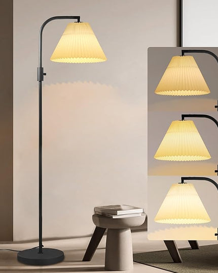 COFF Dimmable Floor Lamp, Arc Standing Lamp with 1000 Lumens LED Edison Bulb Included, Pleated Shade Modern Tall Pole Lamp for Living room, Bedroom, Office (White) - LeafyLoom