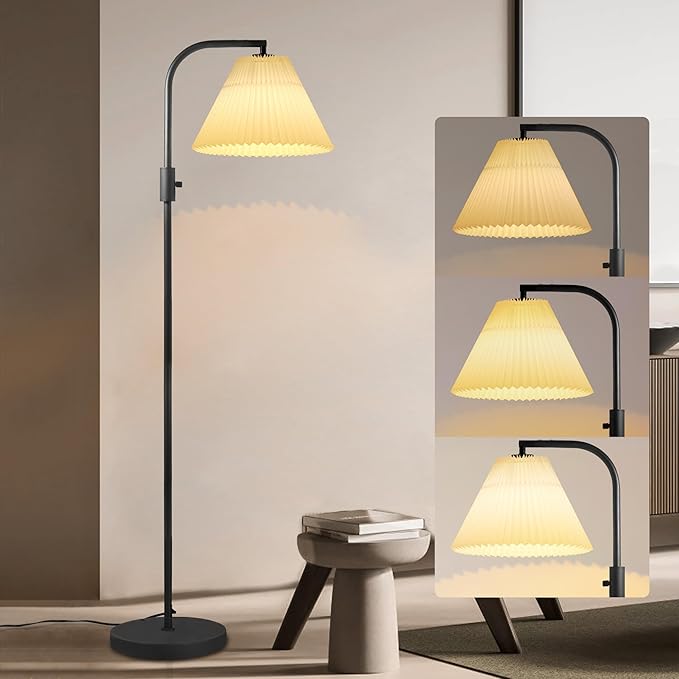 COFF Dimmable Floor Lamp, Arc Standing Lamp with 1000 Lumens LED Edison Bulb Included, Pleated Shade Modern Tall Pole Lamp for Living room, Bedroom, Office (White) - LeafyLoom