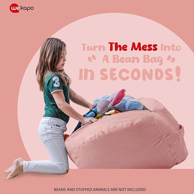 Wekapo Stuffed Animal Storage Bean Bag Chair Cover for Kids | Stuffable Zipper Beanbag for Organizing Children Plush Toys Large Premium Cotton Canvas (Solid Pink, XX-Large) - LeafyLoom