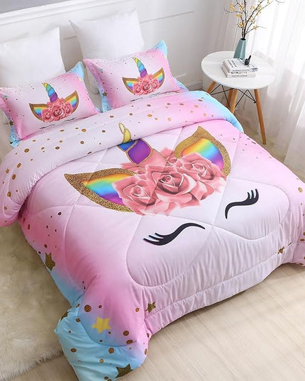 Kids Unicorn Bedding Set Twin Size for Girls, Pink Rainbow Girls Twin Comforter Set with 2 Pillowcases, Floral Kids Unicorn Bed Set Twin, Unicorn Room Decor for Girls Bedroom, All Season - LeafyLoom