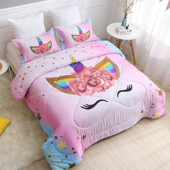 Unicorn Queen Bedding Sets for Girls Kids Comforter Set Queen Size with 2 Pillowcases Pink and Rainbow Unicorn Room Decor for Girls Bedroom Ultra Soft Machine Washable Toddler Bed Set - LeafyLoom