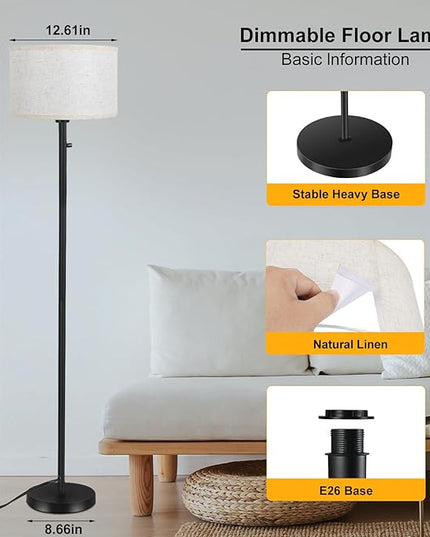 Floor Lamps for Living Room, Stepless Dimmable Standing Lamp, Modern Floor Lamp with Rotary Switch, Beige Linen Shade, 9W Led Bulb Included(1000LM,2700K), Tall Lamp for Bedroom, Office, Farmhouse - LeafyLoom