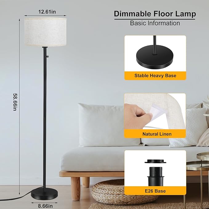 Floor Lamps for Living Room, Stepless Dimmable Standing Lamp, Modern Floor Lamp with Rotary Switch, Beige Linen Shade, 9W Led Bulb Included(1000LM,2700K), Tall Lamp for Bedroom, Office, Farmhouse - LeafyLoom