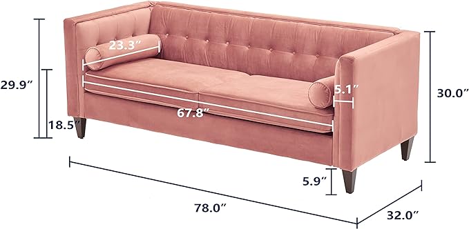 Dreamsir 78'' W Velvet Sofa, Mid-Century Love Seats Sofa Furniture with Bolster Pillows, Button Tufted Couch for Living Room, Tool-Free Assembly (Sofa, Pink) - LeafyLoom