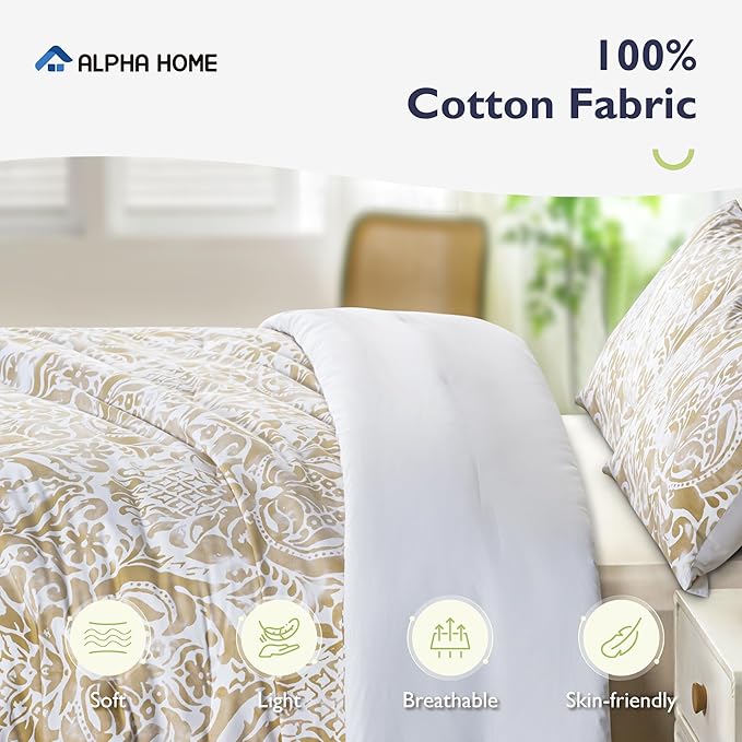 ALPHA HOME Comforter Set Queen Size, All Season Bedding Comforter Set, Comfortable Classic Damask Pattern Comforter Set with Cotton Fabric (1 Comforter, 2 Pillowcases) - LeafyLoom