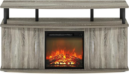 Furinno Jensen Living Room Fireplace TV Entertainment Center with Doors Storage Cabinet for TV up to 55 Inch, French Oak Grey/Black - LeafyLoom