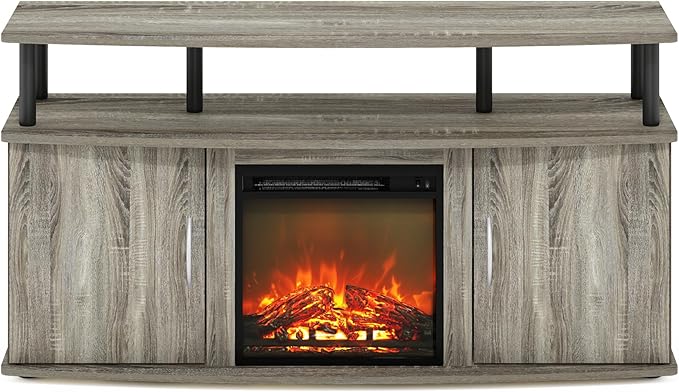 Furinno Jensen Living Room Fireplace TV Entertainment Center with Doors Storage Cabinet for TV up to 55 Inch, French Oak Grey/Black - LeafyLoom