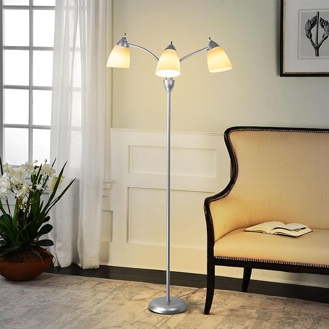 DINGLILIGHTING Floor Lamp Tall for Bedroom: Silver Standing Lamp Reading for Living Room Home Study Room Office - Modern Led Floor Light 3-Light Adjustable Flexible Gooseneck Metal Multi Head - LeafyLoom