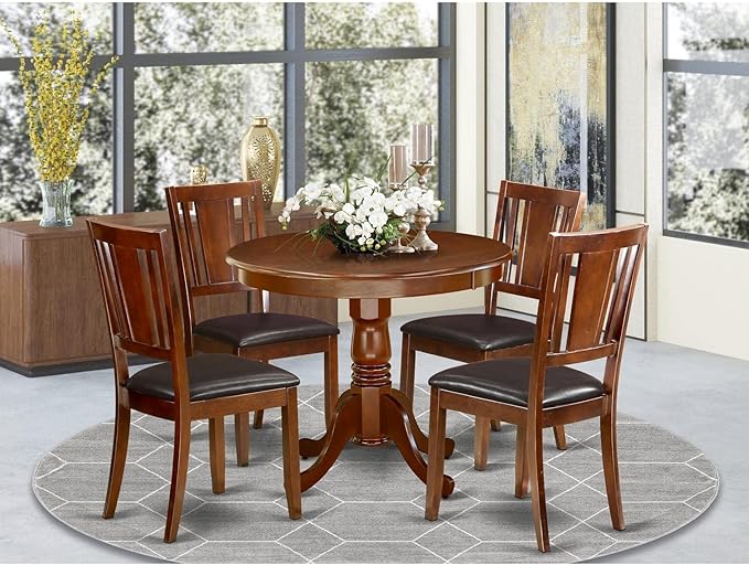 East West Furniture ANDU5-MAH-LC Antique 5 Piece Set Includes a Round Kitchen Table with Pedestal and 4 Faux Leather Dining Room Chairs, 36x36 Inch, Mahogany - LeafyLoom
