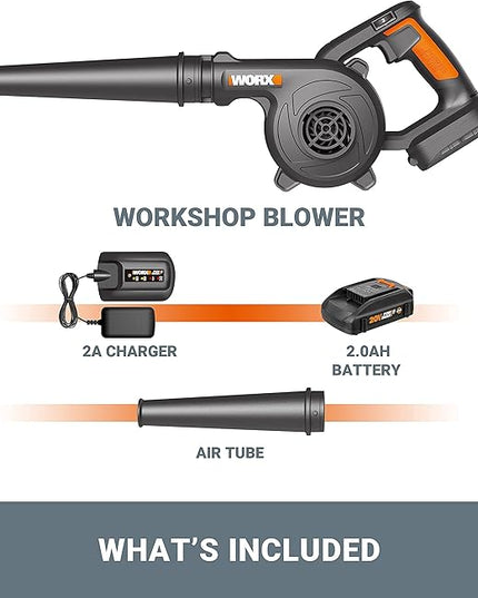 WORX 20V Cordless Jobsite Blower WX094L Compact Leaf Blower for Jobsite Garage Yards，2.0Ah Battery & Charger Included - LeafyLoom