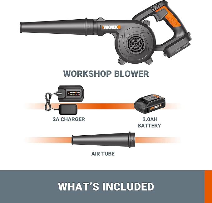 WORX 20V Cordless Jobsite Blower WX094L Compact Leaf Blower for Jobsite Garage Yards，2.0Ah Battery & Charger Included - LeafyLoom