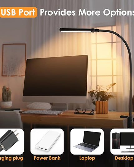 ShineTech LED Desk lamp with Clamp, Eye-Caring Clip Lights for Home Office, 3 Colors Full Brightness, Flexible Gooseneck USB Adapter Table Lamp, Black - LeafyLoom