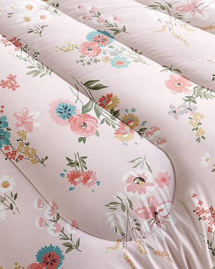 Floral Comforter King Size,Pink Floral Kids Comforter Set,3Pcs Bedding Set Printed Comforter with 2 Pillowcases,Down Alternative,Soft and Lightweight,for All Seasons - LeafyLoom
