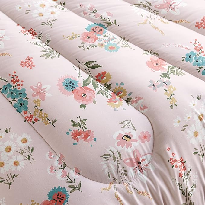 Floral Comforter King Size,Pink Floral Kids Comforter Set,3Pcs Bedding Set Printed Comforter with 2 Pillowcases,Down Alternative,Soft and Lightweight,for All Seasons - LeafyLoom
