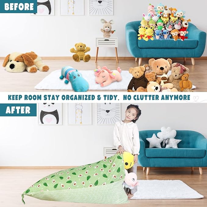 Stuffed Animal Storage Bean Bag Chair Cover, Cotton Green Avocado Plush Toy Storage Stuff and Sit Seat for Kids/Teens/Adults, 52" x 31" Extra Large Triangle Floor Sofa, 200L/52Gal, Cover Only - LeafyLoom
