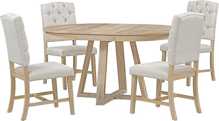 5-Piece Retro Style Extendable Wood Round Dining Table Set with 4 Upholstered Chairs for Kitchen, Breakfast Nook, Living Room, 42"-58" L x 42" W x 30" H, Natural+White - LeafyLoom