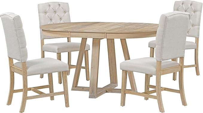 5-Piece Retro Style Extendable Wood Round Dining Table Set with 4 Upholstered Chairs for Kitchen, Breakfast Nook, Living Room, 42"-58" L x 42" W x 30" H, Natural+White - LeafyLoom