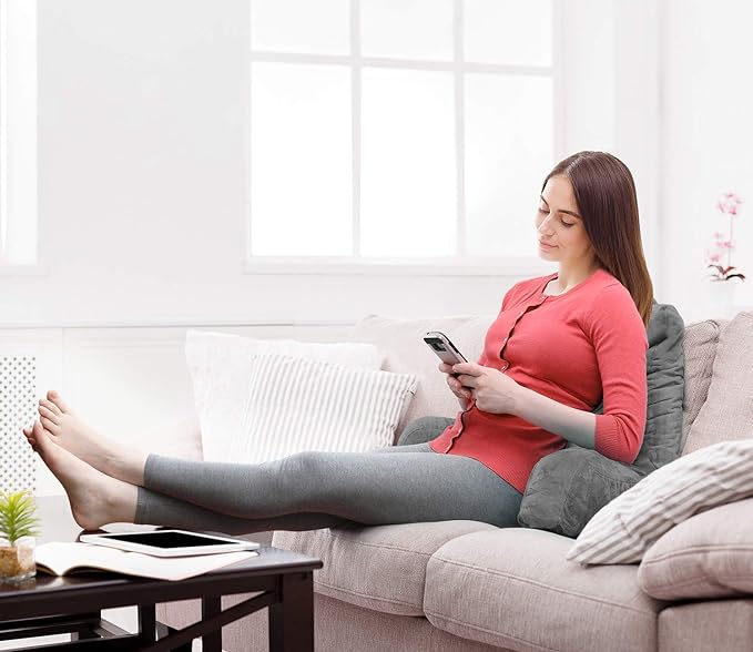 Clara Clark Reading Pillow, Standard Back Pillow for Sitting Up in Bed, Memory Foam Back Support Pillow, Reading Pillows for Sitting in Bed, Grey Sit Up Pillow for Bed Chair Arm Pillow with Pockets - LeafyLoom