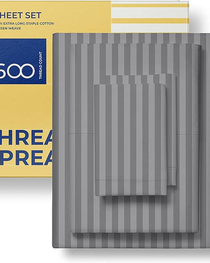 THREAD SPREAD Luxury Egyptian Cotton Queen Stripe Sheet Set, 600 Thread Count Extra Long Staple 4 PC Set, Queen Damask Sheets, Soft, Cooling Sateen Weave Sheets Upto 18" Deep Pocket - Dark Grey - LeafyLoom