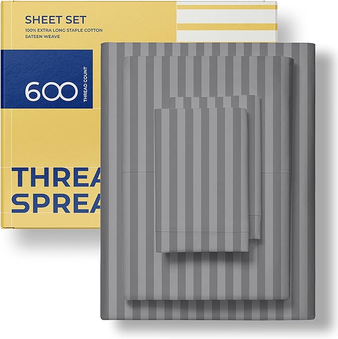 THREAD SPREAD Luxury Egyptian Cotton Queen Stripe Sheet Set, 600 Thread Count Extra Long Staple 4 PC Set, Queen Damask Sheets, Soft, Cooling Sateen Weave Sheets Upto 18" Deep Pocket - Dark Grey - LeafyLoom