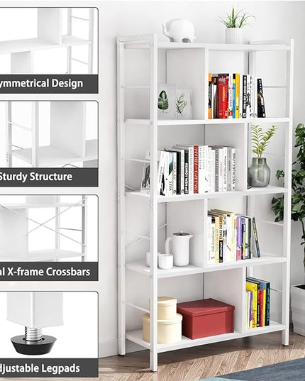 armocity White Bookshelf 5 Tier Tall Industrial Bookcase Wood Metal Frame Standing Book Shelf, Display Bookshelves Storage Organizer for Bedroom Living Room Home Office, White - LeafyLoom