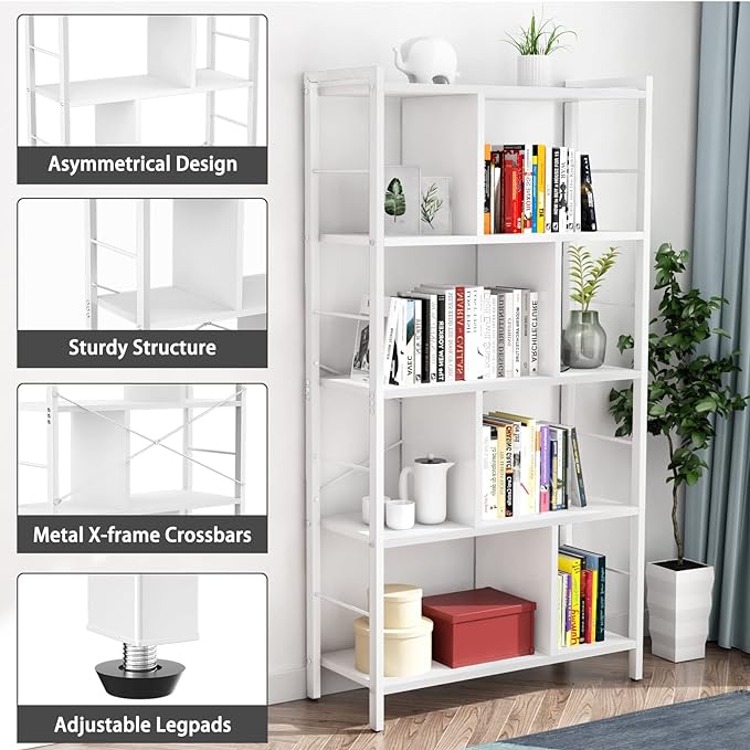 armocity White Bookshelf 5 Tier Tall Industrial Bookcase Wood Metal Frame Standing Book Shelf, Display Bookshelves Storage Organizer for Bedroom Living Room Home Office, White - LeafyLoom