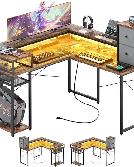 armocity L Shaped Desk with Drawers, Reversible Corner Computer Desk with LED Light & Power Outlet, 55.2'' L-Shaped Gaming Desk with Long Monitor Shelf, Home Office Desk for Small Corner Space, Rustic - LeafyLoom