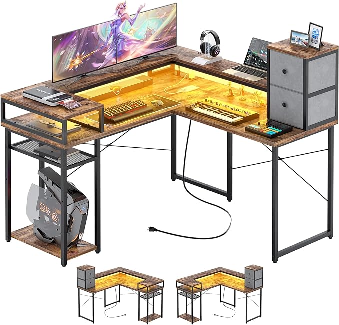 armocity L Shaped Desk with Drawers, Reversible Corner Computer Desk with LED Light & Power Outlet, 55.2'' L-Shaped Gaming Desk with Long Monitor Shelf, Home Office Desk for Small Corner Space, Rustic - LeafyLoom