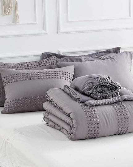 ENJOHOS Queen Comforter Set 7 Piece - Grey Comforters Queen Size, Queen Bed in a Bag Set, Boho Tufted Bedding Comforter Set with Pom Pom Design, Lightweight Soft Microfiber Comforter Bed Set - LeafyLoom
