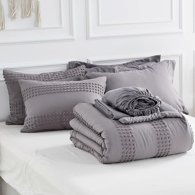 ENJOHOS Queen Comforter Set 7 Piece - Grey Comforters Queen Size, Queen Bed in a Bag Set, Boho Tufted Bedding Comforter Set with Pom Pom Design, Lightweight Soft Microfiber Comforter Bed Set - LeafyLoom