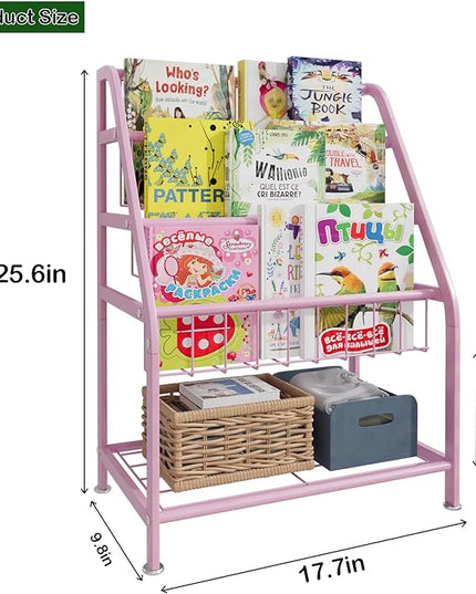 aboxoo Kids Bookshelf Small Toddler Freestanding for Children Room 18 inches Metal Bookcase Toy Organizer Pink Stable Bookcase Bookstore Library Book Unit Storage for Small Place - LeafyLoom